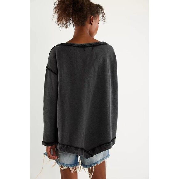 Free People Conrad Pullover Sweatshirt Top Off Shoulder Cotton Black S 283627 - Picture 2 of 8